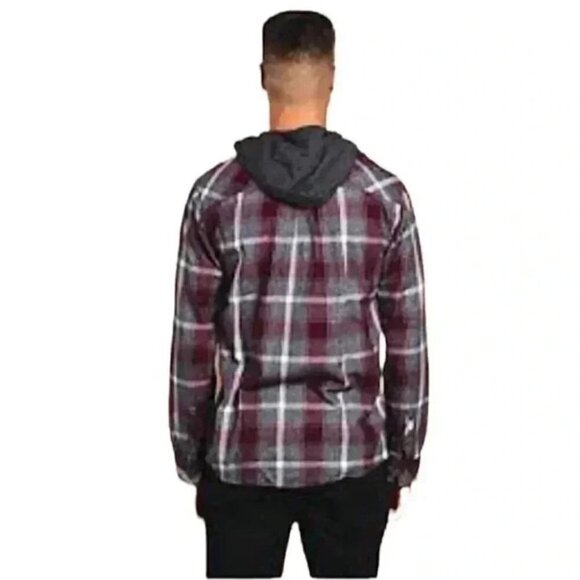 KOLBY Mens Flannel Shirt Button Up Shacket Hoodie Burgundy Grey Plaid Large - Picture 2 of 16